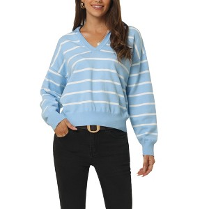 Seta T Women's Fall Casual Striped Long Sleeve Polo V Neck Pullover Drop Shoulder Knitted Sweater Tops - 1 of 4