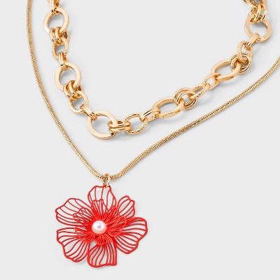 Floral with Pearl Drop Multi-Strand Necklace - A New Day™ - Coral/Gold: Nickel-Free, Lobster Clasp, 16" Length