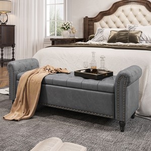 Storage Bed Bench, Faux Leather Upholstered Ottoman Foot Rest with Rolled Arms - 1 of 4