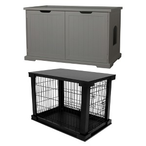 Merry PTH1031722510 Pet Cat Washroom Bench with Removable Partition Wall, Gray + Merry Products Decorative Pet Cage w/ Protection Box End Table, Black - 1 of 4
