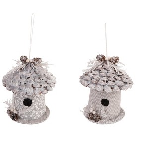 Transpac Pinecone Silver Bird House Decor Set of 2 Christmas Home Decorations - 1 of 1