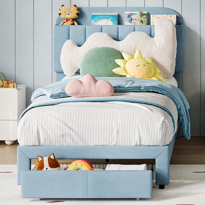 Whizmax Twin Bed Frame with Drawer, Velvet Upholstered Platform Bed Frame with Storage Headboard, No Box Spring Needed, Easy Assembly, Noise-Free