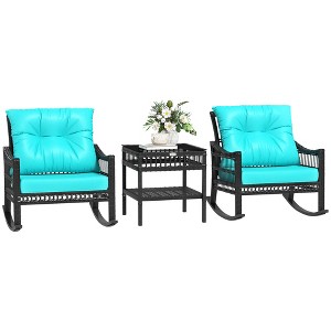 Outsunny Wicker Outdoor Rocking Chair Set, 3 Piece Patio Furniture Set with Padded Cushions and Storage Table, 2-Seater Rattan Bistro Set, Turquoise - 1 of 4