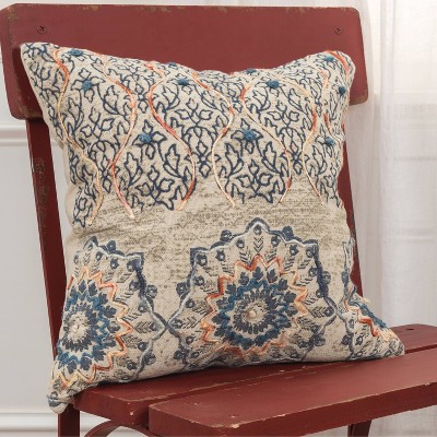 Embroidered Floral Medallion 17" Square Throw Pillow in Blue and Rust