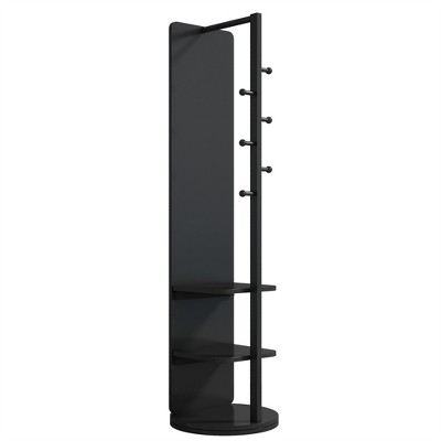 Black Freestanding Full Length Mirror with Coat Rack and Storage