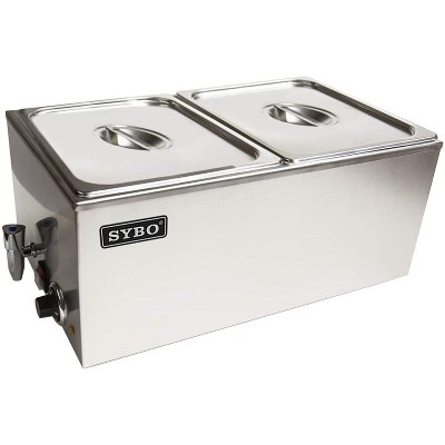 Sybo Stainless Steel Bain Marie Serving Platter Chafing Dish Electric Commercial Food Warmer w/ Tap for Buffet Tables and Catering Parties, 2 Sections