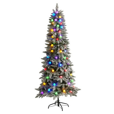 Nearly Natural 6.5' Flocked British Columbia Mountain Fir Prelit Globe Light Artificial Christmas Tree in Decorative Planter