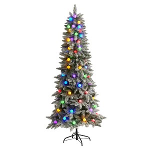 Nearly Natural 6.5' Flocked British Columbia Mountain Fir Prelit Globe Light Artificial Christmas Tree in Decorative Planter - 1 of 1