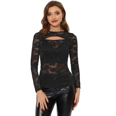 INSPIRE CHIC Women's See-Through Cut Out Long Sleeve Fitted Lace Floral Top