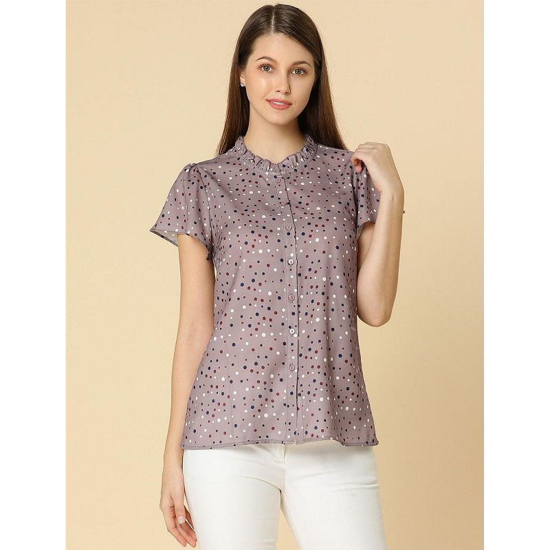 Allegra K Women's Dots Print Ruffle Short Sleeve Button Up Shirts, 4 of 8