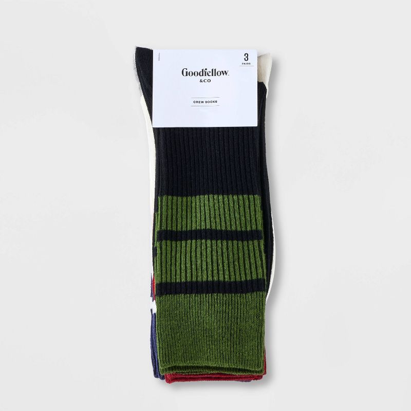Men&#39;s Striped Ribbed Crew Socks 3pk - Goodfellow &#38; Co&#8482; Blue/Green/Red 6-12, 4 of 5