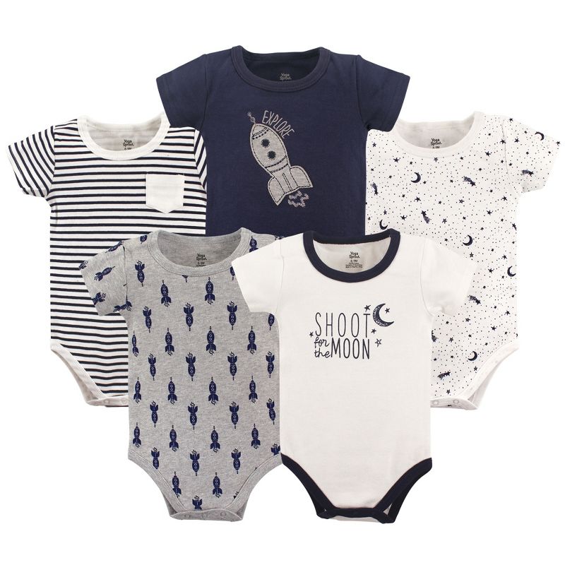 Yoga Sprout Baby Boy Cotton Bodysuits 5pk, Moon, 1 of 2