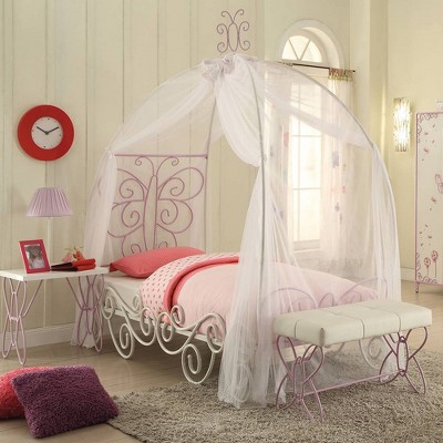 Priya II Full White and Light Purple Metal Canopy Bed with Butterfly Design
