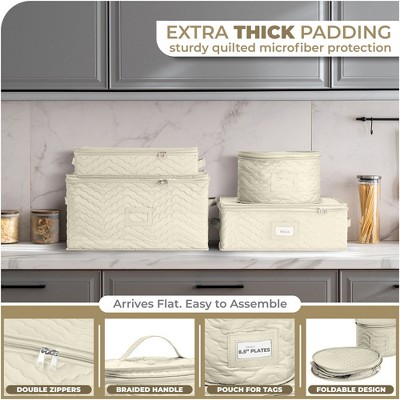 Beige Quilted Fabric Stackable Dinnerware Storage Cases Set