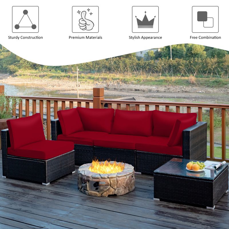 Tangkula 6-Piece Patio Furniture Set w/ 30" Propane Fire Pit Table Outdoor PE Wicker Conversation Set w/ Cushions &Tempered Glass Coffee Table, 4 of 11