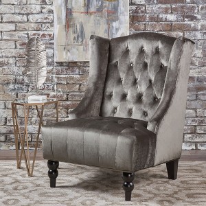 Upholstered Wingback Chair with Turned Birch Wood Legs, Button-Tufted Diamond Stitch, and Contemporary Design - 1 of 4