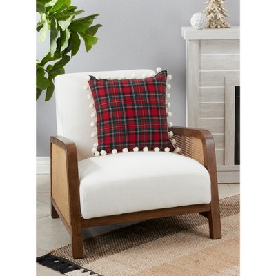 Red Plaid Pom Pom Cotton Polyester Euro Pillow Cover