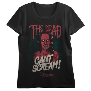 The Conjuring 4: Last Rites (2025) Red Monster and Ghost, The Dead cant scream! text and logo on black Adult T-Shirt - 1 of 4