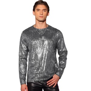 Lars Amadeus Men's Long Sleeves Party Clubwear Shiny Metallic T-Shirt - 1 of 4