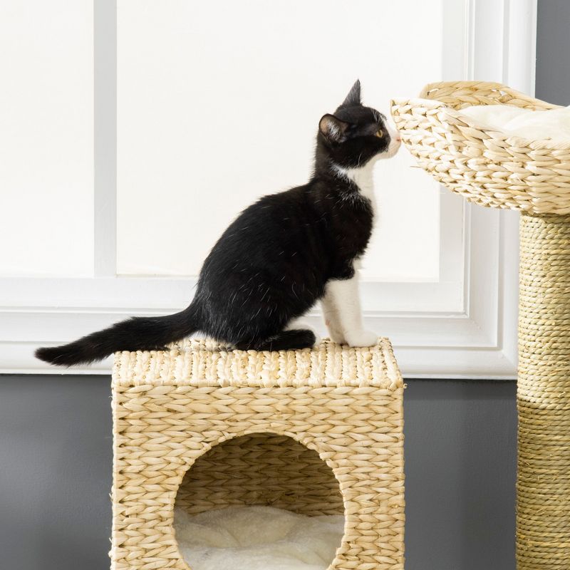 PawHut Cattail Weave Cat Tree for Indoor Cats Kitty Tower with Rattan Cat Condo, Wicker Bed, Ladder, Washable Cushions, 22.5" x 14.5" x 39.5", Natural, 6 of 8