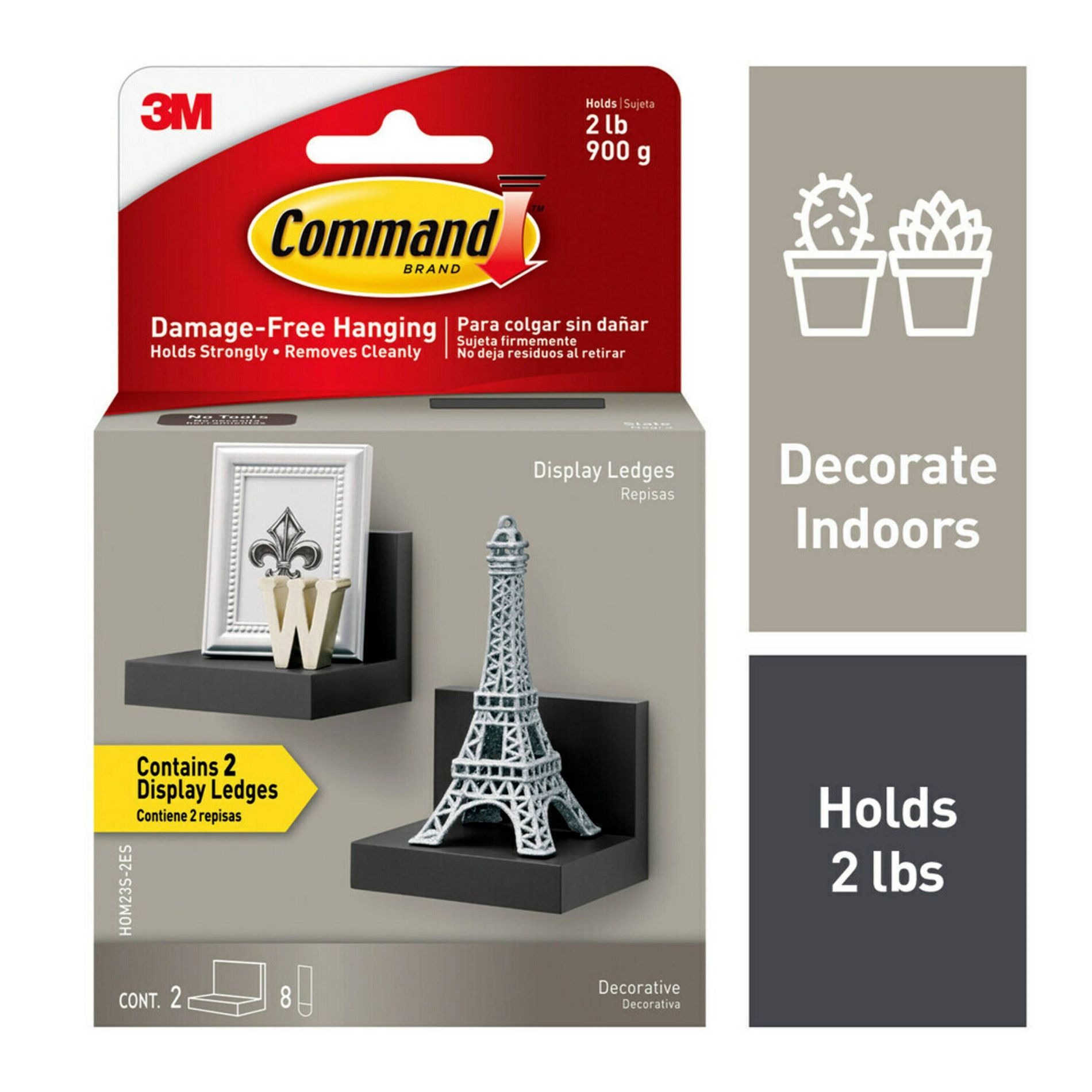 Command Display Ledges Black: Floating Wall Shelf Set, 2 Picture Ledges, Plastic, Slate, 2lb Capacity, No Tools Required