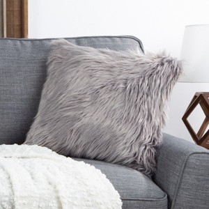 18-in. Plush Pillow Luxury Square Accent Pillow Insert and Shag Glam Cover Set for Bedroom or Living Room by Lavish Home (Gray) - 1 of 4