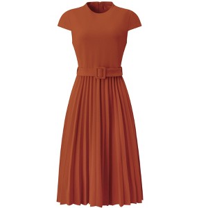 INSPIRE CHIC Women's Mock Neck Cap Sleeve Belted A-Line Midi Pleated Dresses - 1 of 4