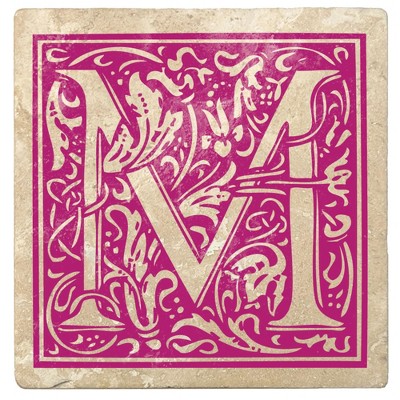 Christmas by Krebs 4pc Ivory and Tutti Frutti Pink Alphabet "M" Square Monogram Coasters 4"