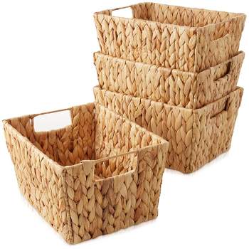 Casafield Set of 4 Water Hyacinth Storage Baskets with Handles, 12" x 9" x 6" Rectangular Storage Bins for Shelves, Blankets, Laundry Organization