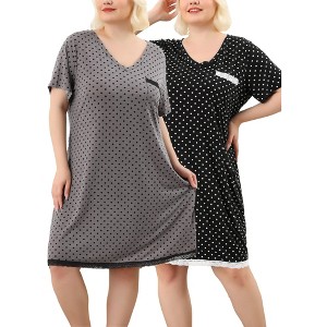Agnes Orinda Women's Plus Size V Neck Short Sleeve Polka Dots Nightgowns - 1 of 4