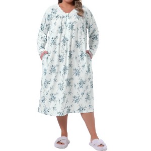 Women's Plus Size Floral V Neck Long Sleeve Lace Trim Buttons Sleepwear Soft Full Nightdress Nightgown with Pocket - Agnes Orinda - 1 of 4