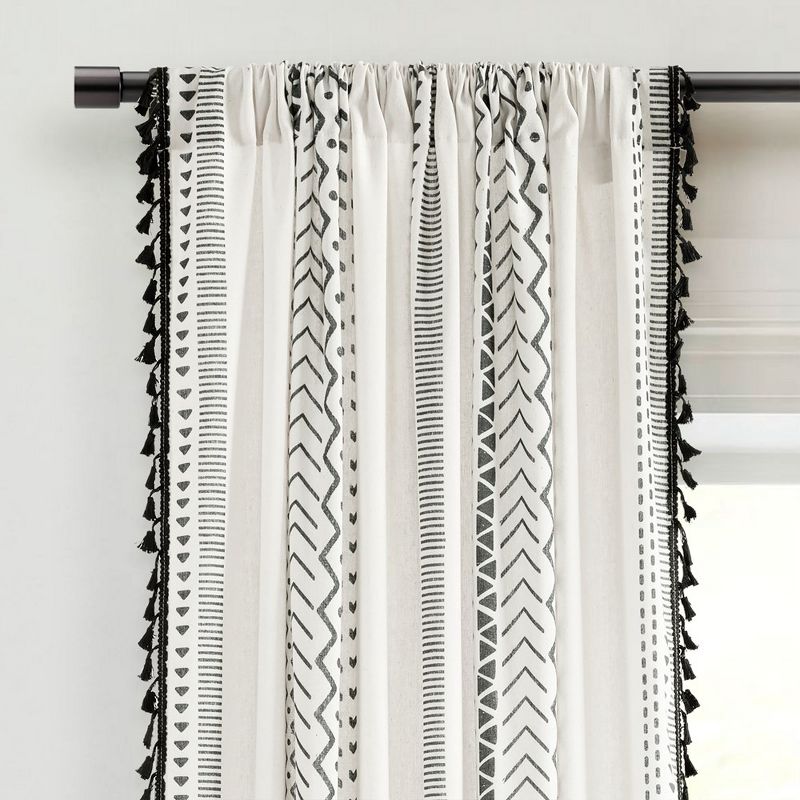 Hygge Boho Stripe Tassel Window Curtain Panels Black/White 52X84 Set, 2 of 6