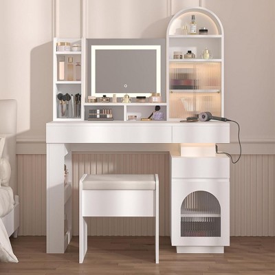 Arched Vanity Desk with Mirror and Lights, Large Dressing Table with Outlet, 3 Drawers, 11 Storage Shelves & Vanity Stool for Bedroom White