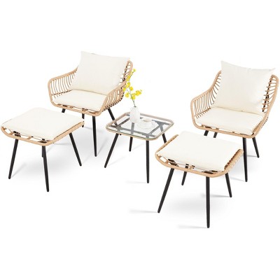 Anybear 5PC Yellow-Beige Wicker Rattan Table and Chairs Set with Ottoman Patio Bistro Set