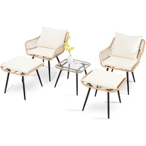 Anybear 5PC Yellow-Beige Wicker Rattan Table and Chairs Set with Ottoman Patio Bistro Set - 1 of 4