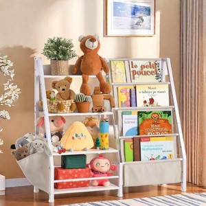 FONTOI Kids Bookshelf, Book Shelf with Side Pocket, 4 Tier Sling Bookcase Toy Organizer Toddler Nursery Book Shelves, White, 33.9"x 11.8" x 30.9" - 1 of 4