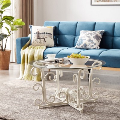 Glass Coffee Table With Sturdy Iron Leaf-shape Base, Leisure Cocktail Table With Tempered Glass Top