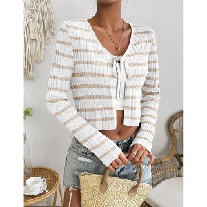 Womens Tie Front Stripe Cardigans Summer Long Sleeve Knit Shrug for Dress Sweaters Crop Tops - 1 of 3