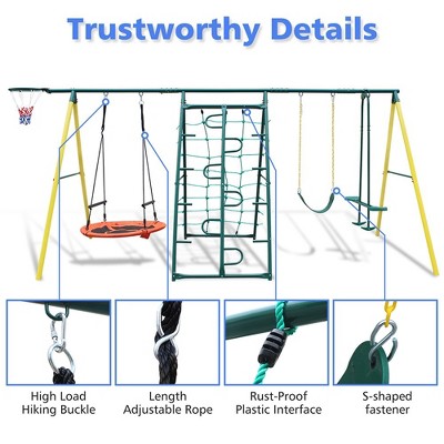 Swing Sets For Backyard, Metal A-Frame Swing Set With Saucer Swing, Belt Swing, Climbing Rope, Climbing Ladder, See Saw