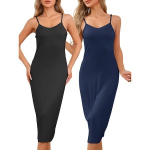 cheibear Women's Modal Full Slip V Neck Adjustable Spaghetti Strap Chemise Sleep Dress - 1 of 4