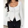 Womens Tops Long Sleeve Tie Front Lace Up Fitted Square Neck Casual T Shirt - 4 of 4