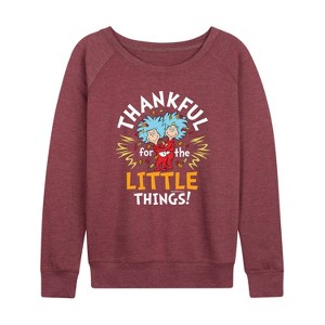 Women's - Dr. Seuss - Thanksgiving Is A Family Thing Lightweight French Terry Wide Neck Long Sleeve Graphic Shirt - 1 of 4