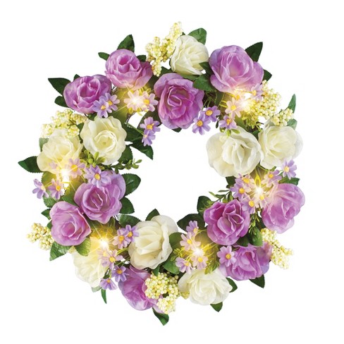 Collections Etc Led Lighted Purple And White Roses Hanging Wreath : Target