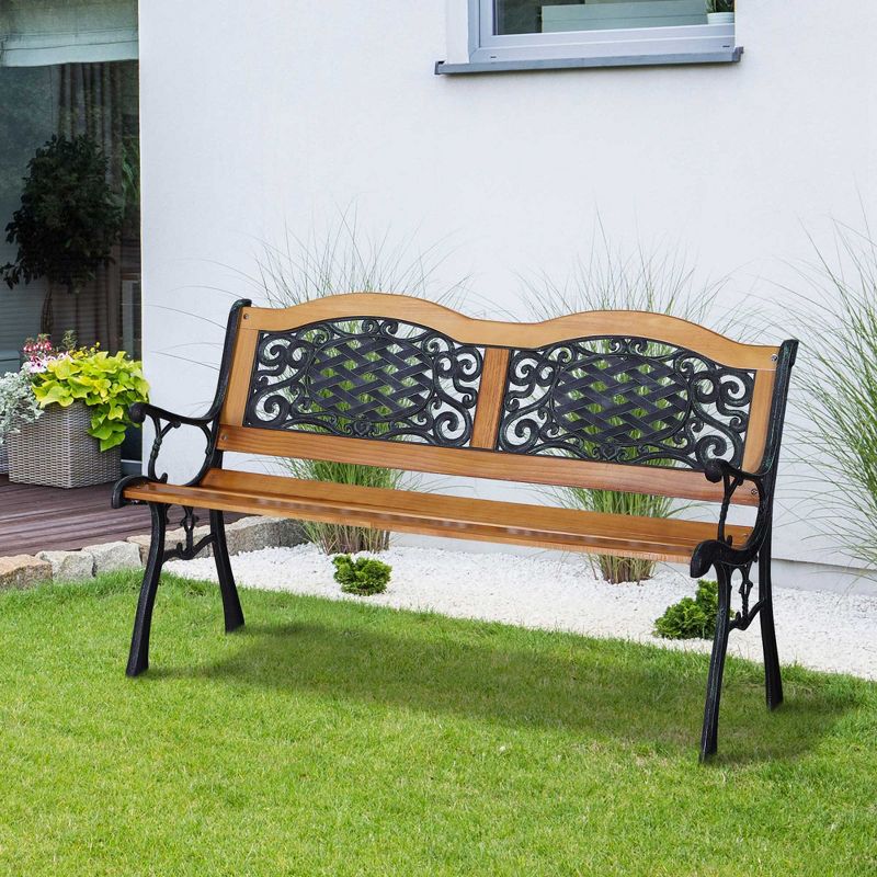 Outsunny 50" Outdoor Garden Bench, Park Style Patio Bench with a 2 Person Loveseat Design, Wood & Metal with Antique-like Flourishes, Teak, 3 of 10