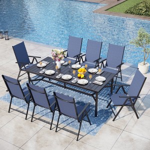 Captiva Designs 9pc Spacious Slat-top Rectangle Metal Table with Umbrella Hole & Textilene Reclining Foldable Chairs - 1 of 4