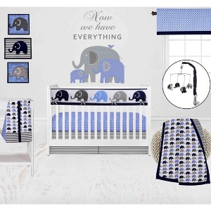 Bacati - Elephants Blue/Navy/Gray 10 pc Crib Bedding Set with Long Rail Guard Cover - 1 of 4