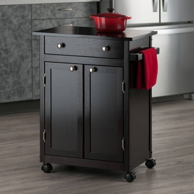 Transitional Espresso Wood Kitchen Cart with Storage and Towel Bar