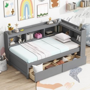 KIGFTSOD Twin Size L-shaped Bookcases Bed with Power Outlets, USB Charging Ports,Two Drawers - 1 of 4