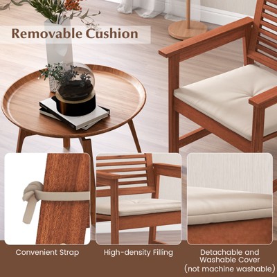 Natural Wood Outdoor Dining Chairs with Off-White Cushions, Set of 2