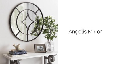 Angelis 34.5" Black Metal Framed Round Wall Mirror with Geometric Overlay